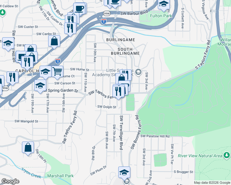 map of restaurants, bars, coffee shops, grocery stores, and more near 8500 Southwest 8th Avenue in Portland