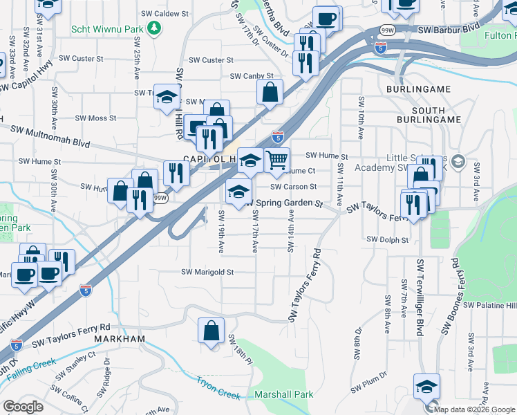 map of restaurants, bars, coffee shops, grocery stores, and more near in Portland