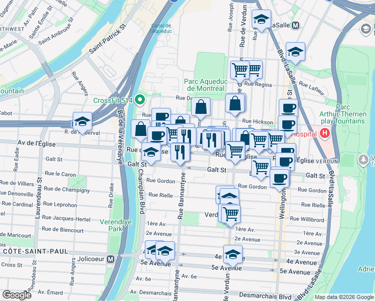 map of restaurants, bars, coffee shops, grocery stores, and more near 935 Rue de l'Église in Montréal