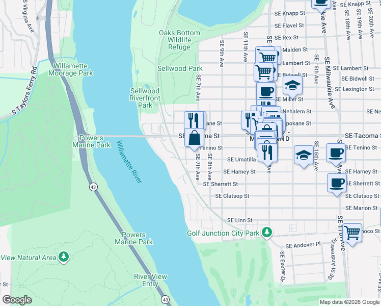 map of restaurants, bars, coffee shops, grocery stores, and more near 8220 Southeast 6th Avenue in Portland