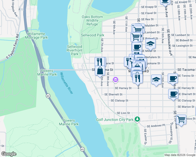 map of restaurants, bars, coffee shops, grocery stores, and more near 8220 Southeast 6th Avenue in Portland