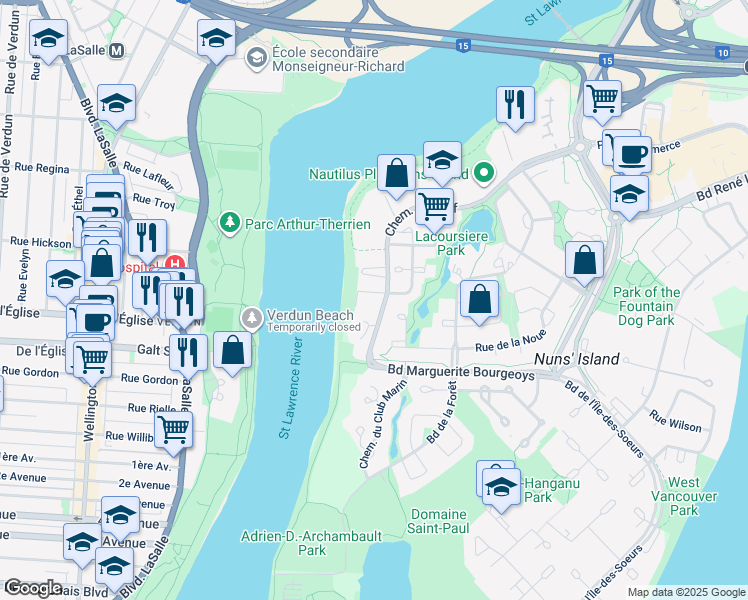 map of restaurants, bars, coffee shops, grocery stores, and more near 1160 Chemin du Golf in Montréal