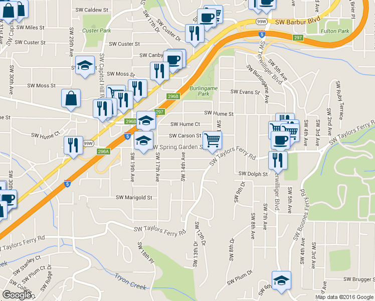 map of restaurants, bars, coffee shops, grocery stores, and more near 1322 Southwest Spring Garden Street in Portland