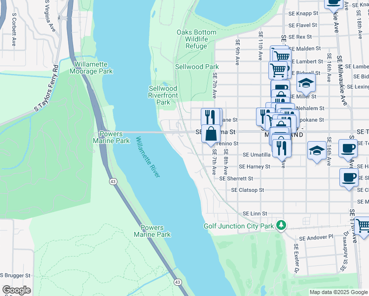 map of restaurants, bars, coffee shops, grocery stores, and more near 8145 Southeast 6th Avenue in Portland