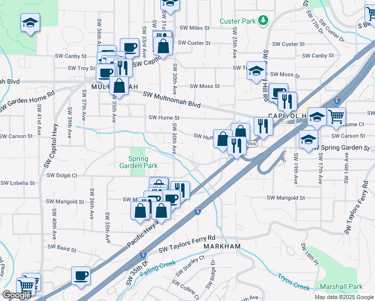map of restaurants, bars, coffee shops, grocery stores, and more near 2819 Southwest Spring Garden Street in Portland