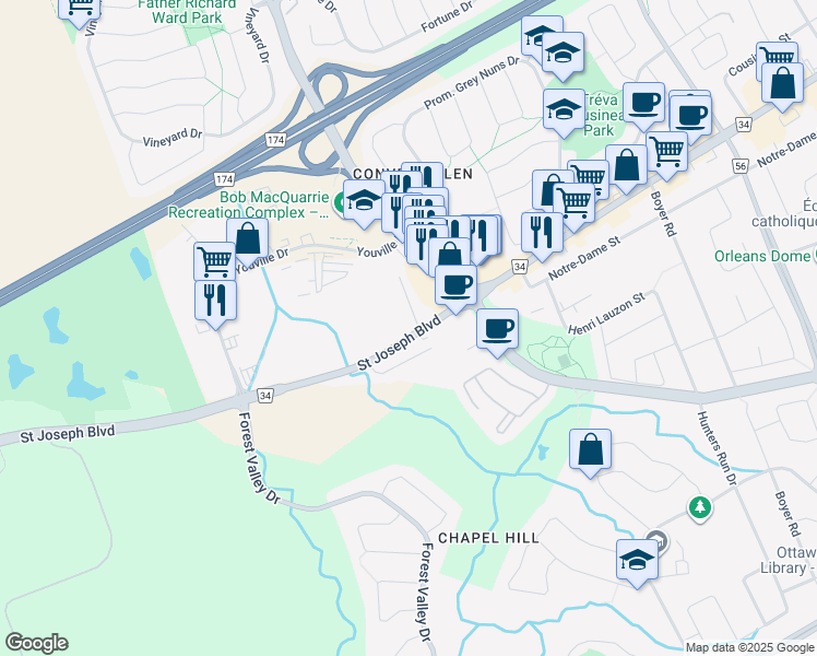 map of restaurants, bars, coffee shops, grocery stores, and more near 1931 Saint Joseph Boulevard in Ottawa