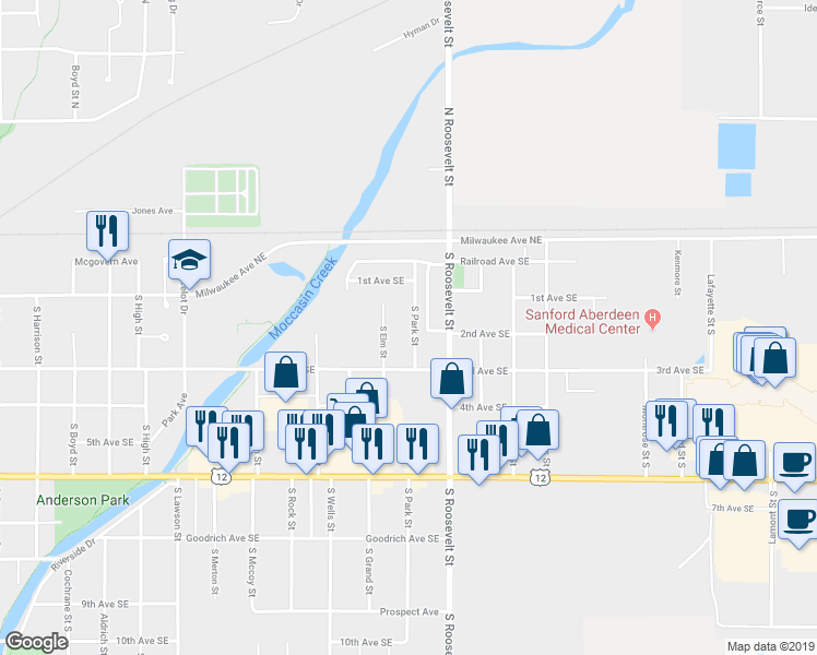map of restaurants, bars, coffee shops, grocery stores, and more near 122 South Park Street in Aberdeen