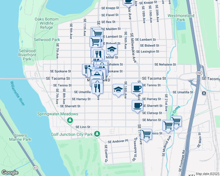 map of restaurants, bars, coffee shops, grocery stores, and more near 8217 Southeast 15th Avenue in Portland