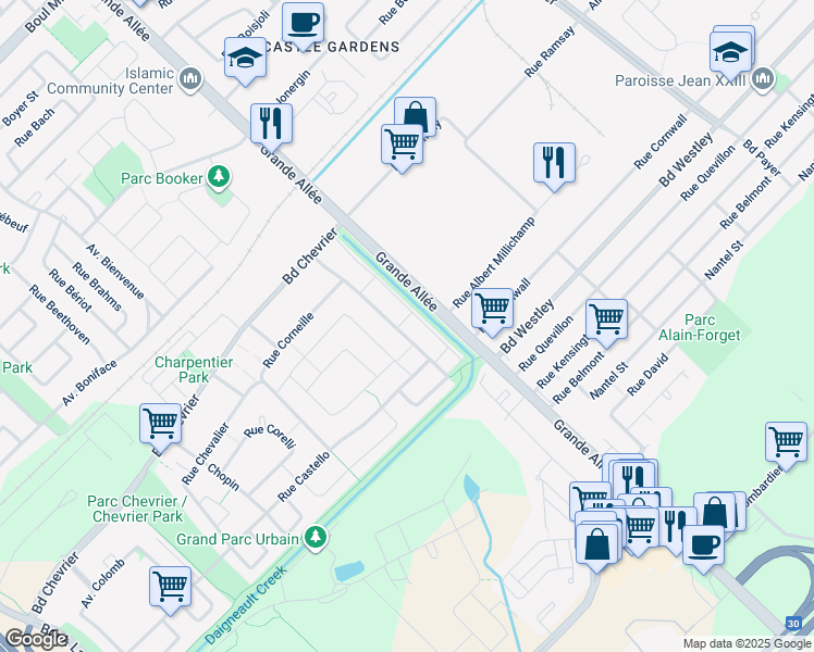 map of restaurants, bars, coffee shops, grocery stores, and more near 6646 Rue Claudel in Brossard
