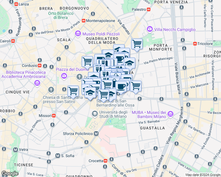 map of restaurants, bars, coffee shops, grocery stores, and more near 11 Via Verziere in Milano