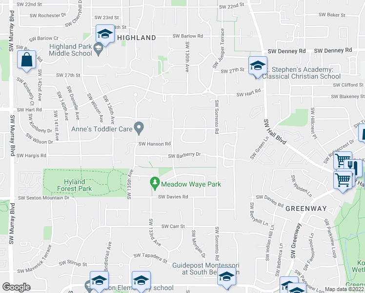 map of restaurants, bars, coffee shops, grocery stores, and more near 12964 Southwest Thunderhead Way in Beaverton