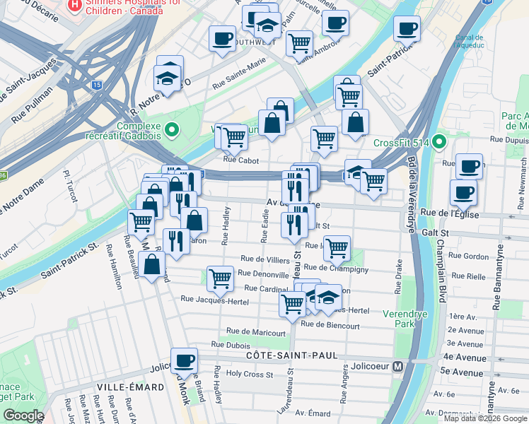 map of restaurants, bars, coffee shops, grocery stores, and more near 5505 Rue Eadie in Montréal
