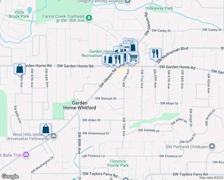 map of restaurants, bars, coffee shops, grocery stores, and more near 7810 Southwest Pitic Lane in Portland