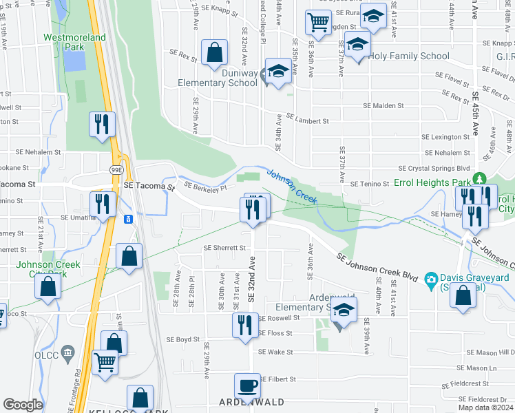 map of restaurants, bars, coffee shops, grocery stores, and more near 3211 Southeast Tacoma Street in Portland