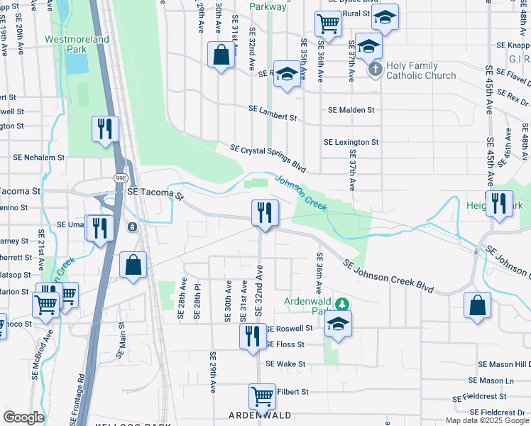 map of restaurants, bars, coffee shops, grocery stores, and more near 3211 Southeast Tacoma Street in Portland