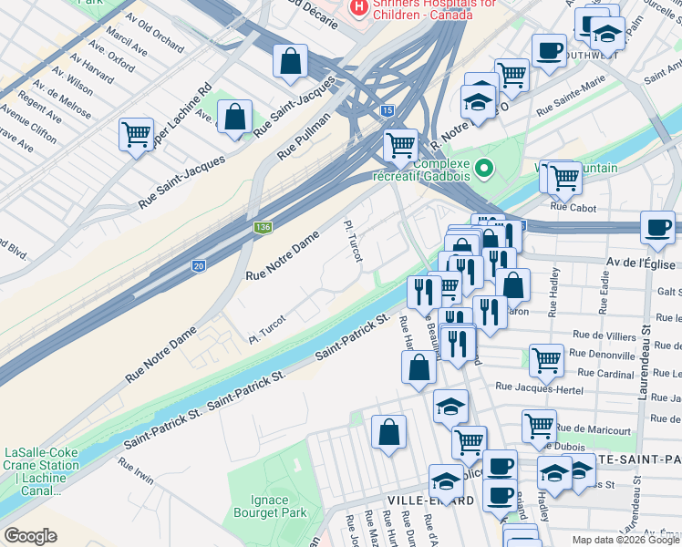 map of restaurants, bars, coffee shops, grocery stores, and more near 5795 Place Turcot in Montréal