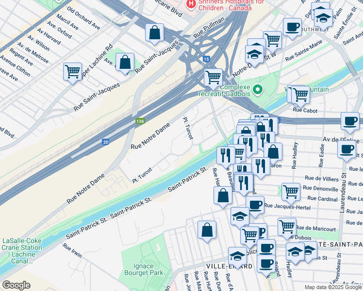 map of restaurants, bars, coffee shops, grocery stores, and more near 5795 Place Turcot in Montréal