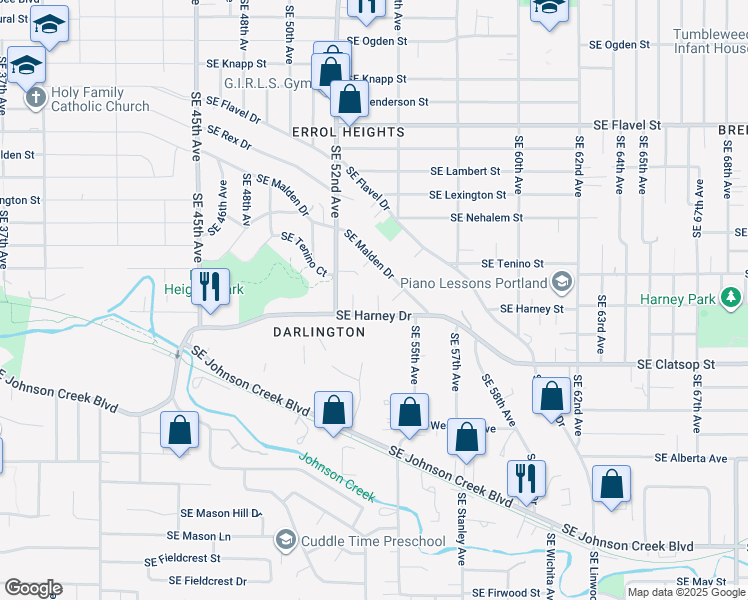 map of restaurants, bars, coffee shops, grocery stores, and more near 5317 Southeast Harney Drive in Portland