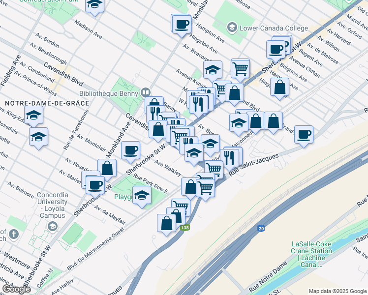 map of restaurants, bars, coffee shops, grocery stores, and more near 3333 Boulevard Cavendish in Montréal