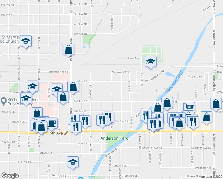 map of restaurants, bars, coffee shops, grocery stores, and more near 116 Weber Street South in Aberdeen