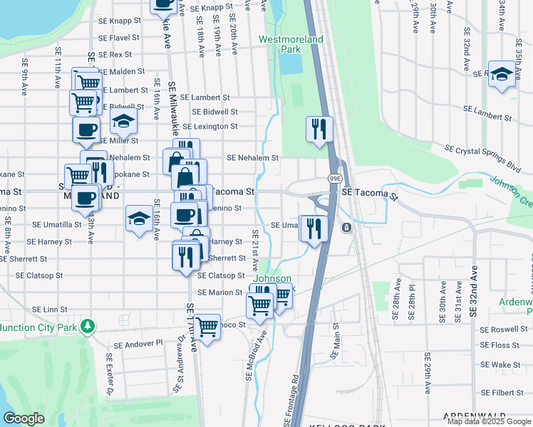 map of restaurants, bars, coffee shops, grocery stores, and more near 2114 Southeast Tenino Street in Portland