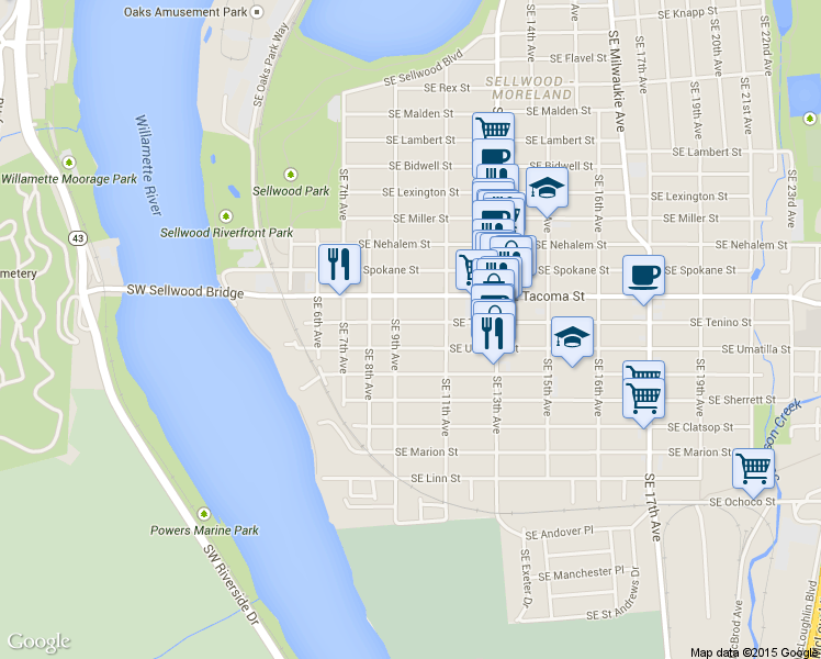 map of restaurants, bars, coffee shops, grocery stores, and more near 924 Southeast Tenino Street in Portland