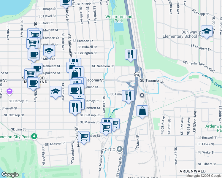 map of restaurants, bars, coffee shops, grocery stores, and more near 8205-8207 Southeast 23rd Avenue in Portland