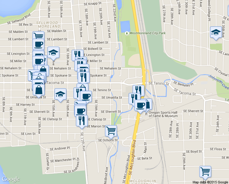 map of restaurants, bars, coffee shops, grocery stores, and more near 2114 Southeast Tenino Street in Portland