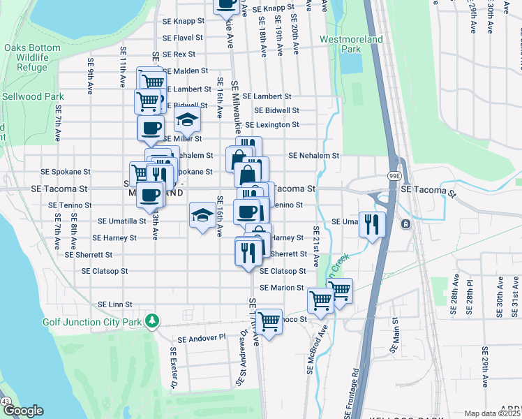 map of restaurants, bars, coffee shops, grocery stores, and more near 1804 Southeast Tenino Street in Portland