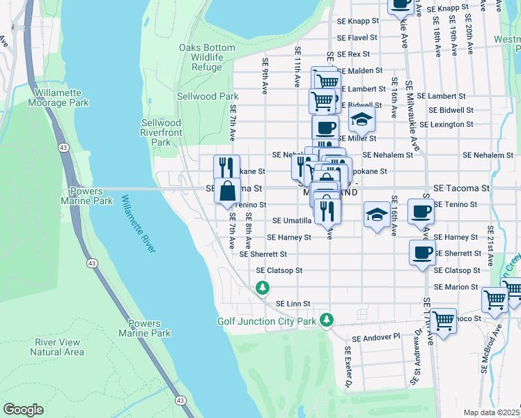 map of restaurants, bars, coffee shops, grocery stores, and more near 8201 Southeast 8th Avenue in Portland