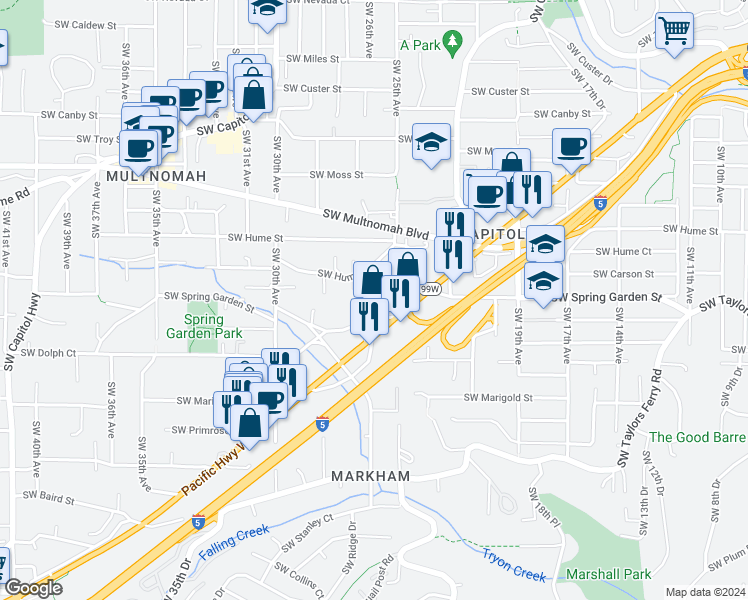 map of restaurants, bars, coffee shops, grocery stores, and more near 2531 Southwest Spring Garden Street in Portland