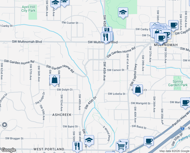 map of restaurants, bars, coffee shops, grocery stores, and more near 8421 Southwest 47th Avenue in Portland