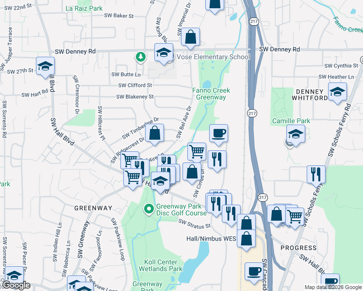 map of restaurants, bars, coffee shops, grocery stores, and more near 11252 Southwest Bel Aire Lane in Beaverton