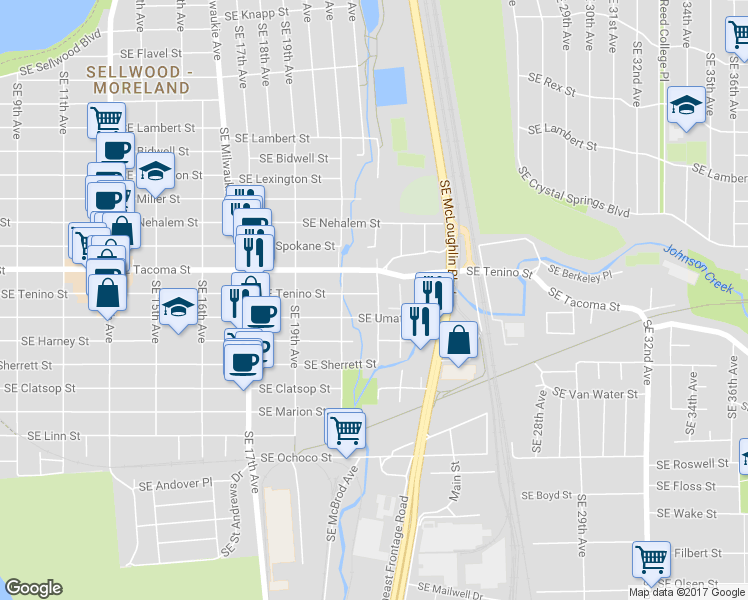 map of restaurants, bars, coffee shops, grocery stores, and more near 8205 Southeast 23rd Avenue in Portland