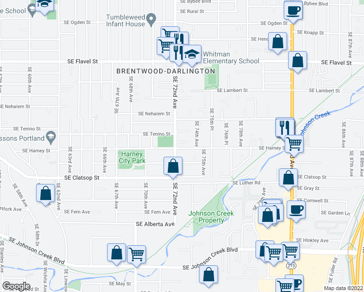 map of restaurants, bars, coffee shops, grocery stores, and more near 7215 Southeast Harney Street in Portland