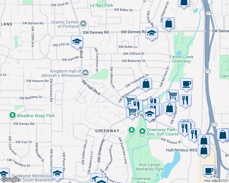 map of restaurants, bars, coffee shops, grocery stores, and more near 7825 Southwest Hillcrest Place in Beaverton