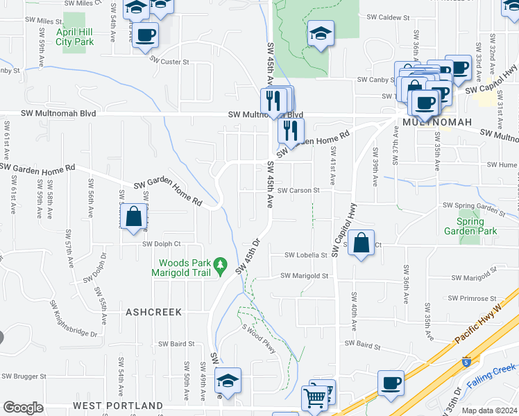 map of restaurants, bars, coffee shops, grocery stores, and more near 8438 Southwest 46th Avenue in Portland