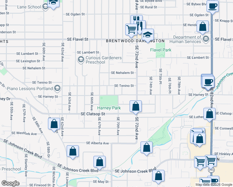 map of restaurants, bars, coffee shops, grocery stores, and more near 6905 Southeast Harney Street in Portland