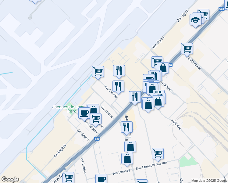 map of restaurants, bars, coffee shops, grocery stores, and more near 2064 Avenue Chartier in Dorval