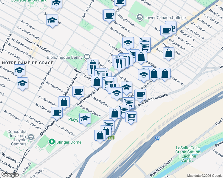 map of restaurants, bars, coffee shops, grocery stores, and more near 9191 Boulevard Cavendish in Saint-Laurent
