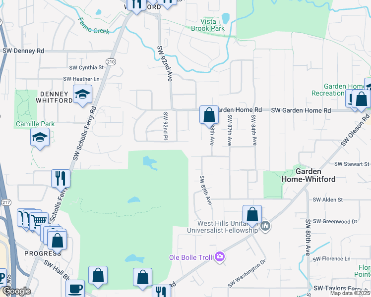 map of restaurants, bars, coffee shops, grocery stores, and more near 8925 Southwest Camille Terrace in Portland