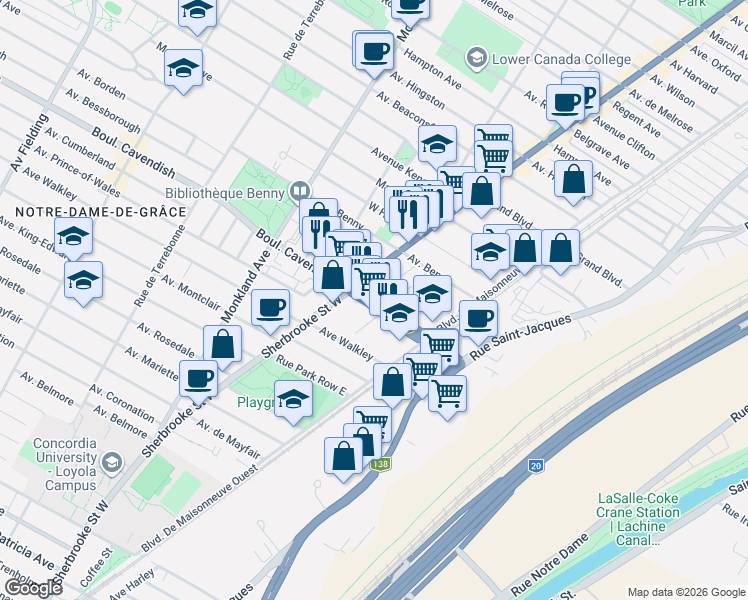 map of restaurants, bars, coffee shops, grocery stores, and more near 3363 Boulevard Cavendish in Montréal
