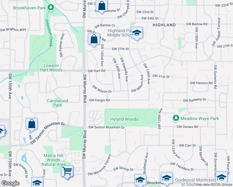 map of restaurants, bars, coffee shops, grocery stores, and more near 14050 Southwest Wilson Drive in Beaverton