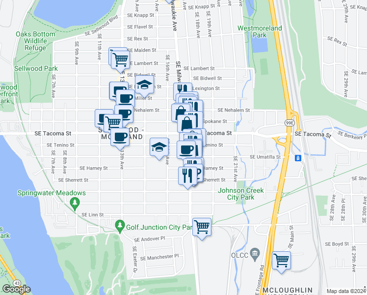 map of restaurants, bars, coffee shops, grocery stores, and more near 1664 Southeast Tenino Street in Portland