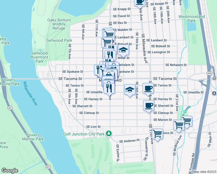 map of restaurants, bars, coffee shops, grocery stores, and more near in Portland