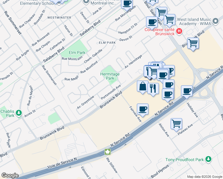 map of restaurants, bars, coffee shops, grocery stores, and more near 43 Avenue de Portsmouth in Pointe-Claire