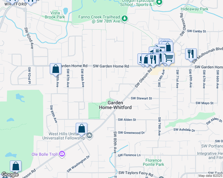 map of restaurants, bars, coffee shops, grocery stores, and more near 7881 Southwest Skyhar Drive in Portland