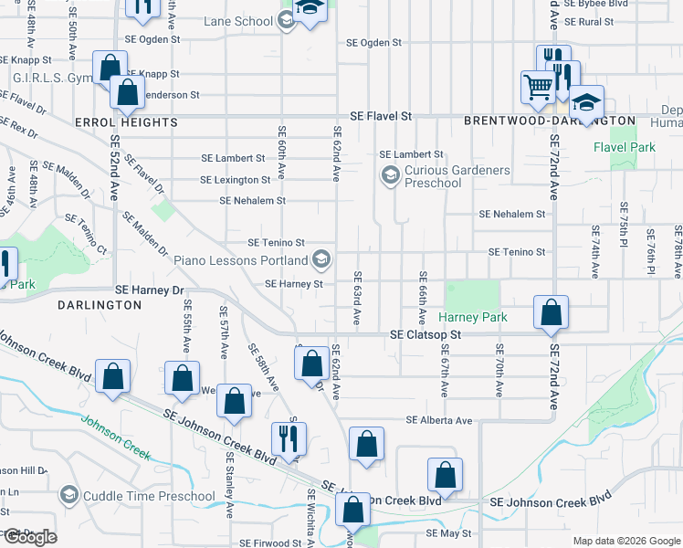 map of restaurants, bars, coffee shops, grocery stores, and more near 8326 Southeast 62nd Avenue in Portland