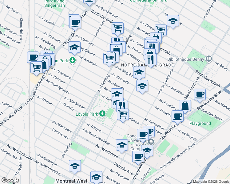 map of restaurants, bars, coffee shops, grocery stores, and more near 4901 Avenue de Mayfair in Montréal