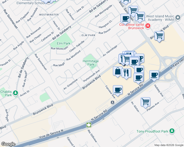 map of restaurants, bars, coffee shops, grocery stores, and more near 43 Avenue de Portsmouth in Pointe-Claire